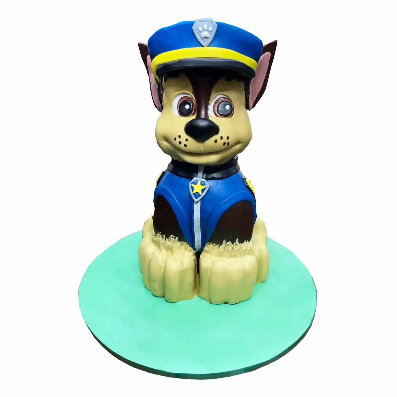 3D Chase Cake from PAW Patrol: A standing cake featuring Chase, the German Shepherd police pup, with his blue police hat and lifelike fur texture