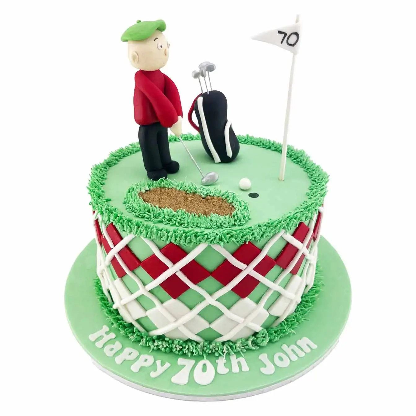 Golf cake with green icing and fondant golf bag, clubs, and balls. Perfect for any golf lover's celebration!