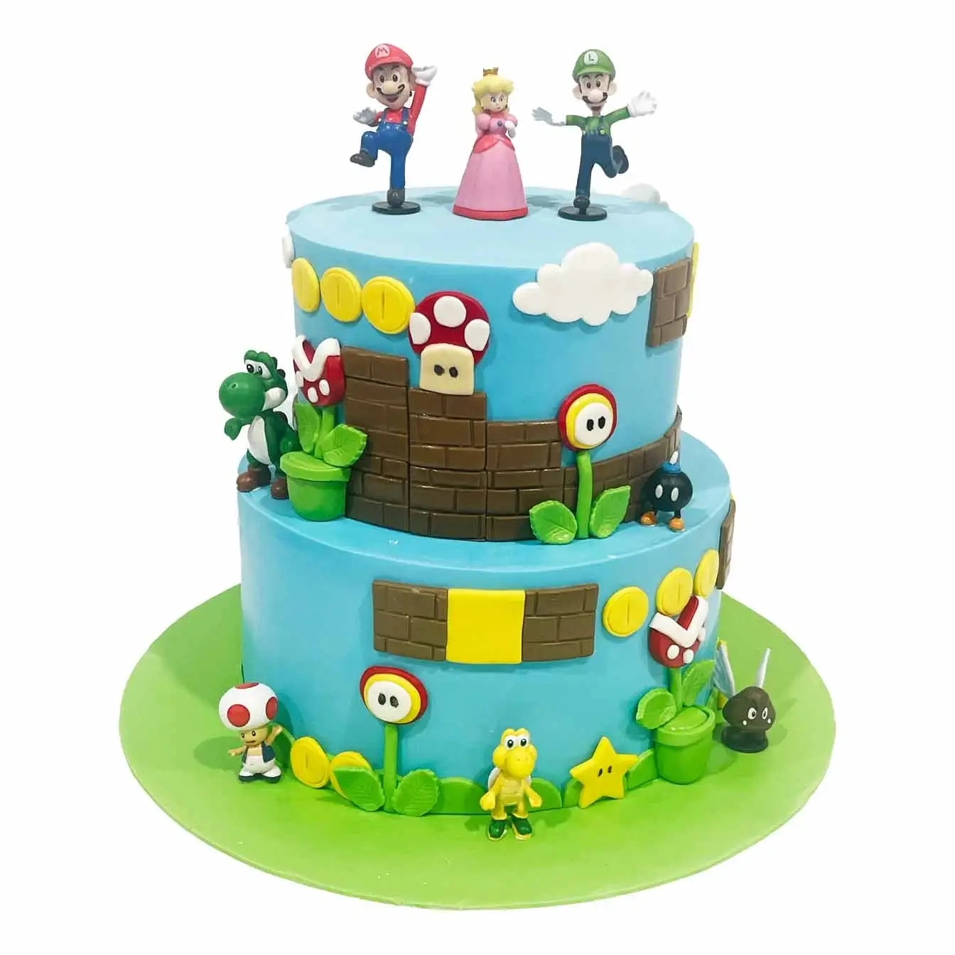 Two-Tier Super Mario Bros Fondant Cake - A delightful gaming-themed centerpiece for joyful celebrations.