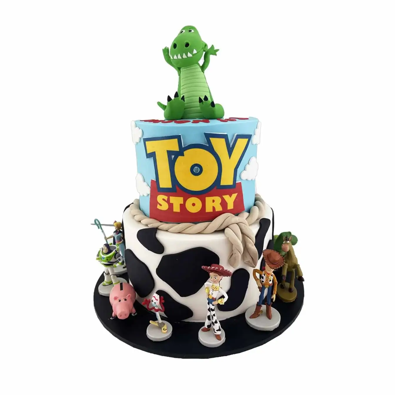 Two-Tier Toy Story Adventure Cake with Mr. Potato Head, Buzz, Woody, Bo Peep, Alien, and Slinky Dog