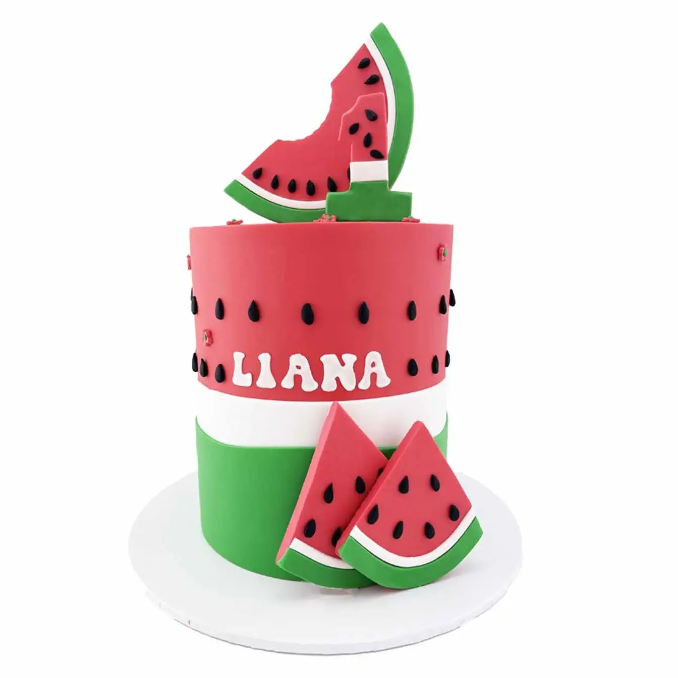 Fresh Watermelon Slice Cake - A vibrant cake with watermelon colours, black seeds, and fondant watermelon slices, reminiscent of Aussie summer delights.