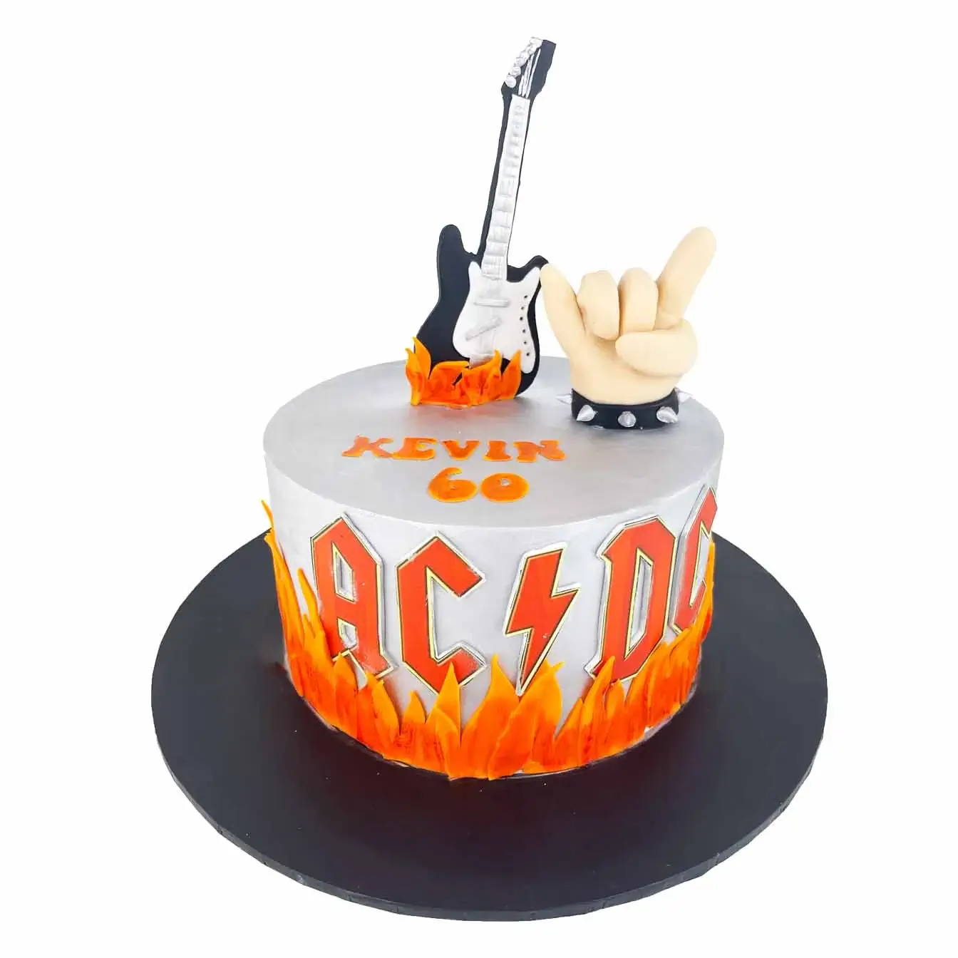 Rock 'n' Roll Voltage Cake - A silver cake with peace sign hands, electric guitar, and the AC/DC logo, a high-energy centerpiece for music lovers and AC/DC enthusiasts.