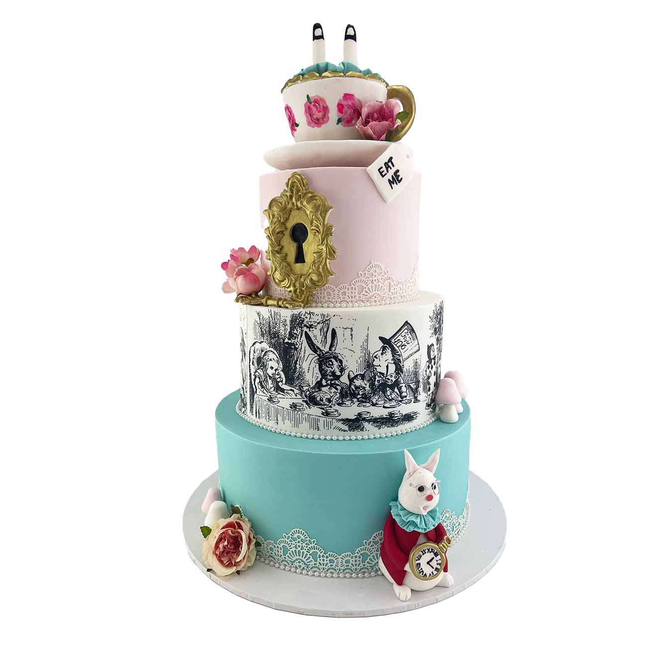 Wonderland Tea Party Cake - A three-tier cake with a teacup featuring Alice, Mad Hatter's tea party image wrap, aqua iced base with edible lace, and the White Rabbit, capturing the enchantment of Wonderland.