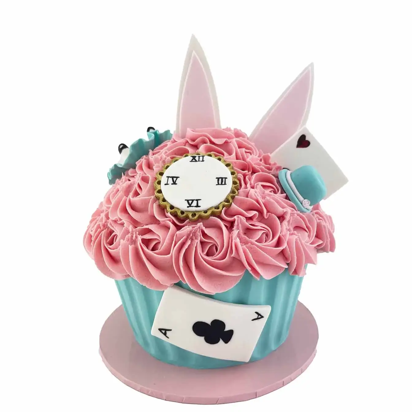 Whimsical Alice in Wonderland Giant Cupcake; A Colourful Dessert with Fondant Accents and Creative Details.