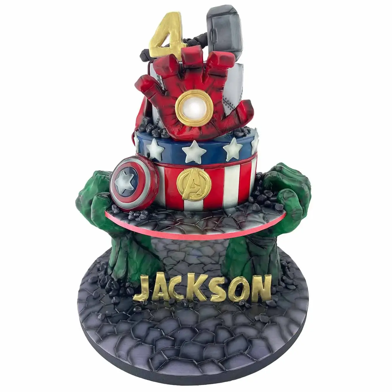 Avengers Assemble Floating Cake - A gravity-defying 2-tier cake held by Hulk's hands, featuring a light-up Iron Man hand, Avengers logo, Captain America's shield, and Thor's hammer, an epic centerpiece for superhero enthusiasts