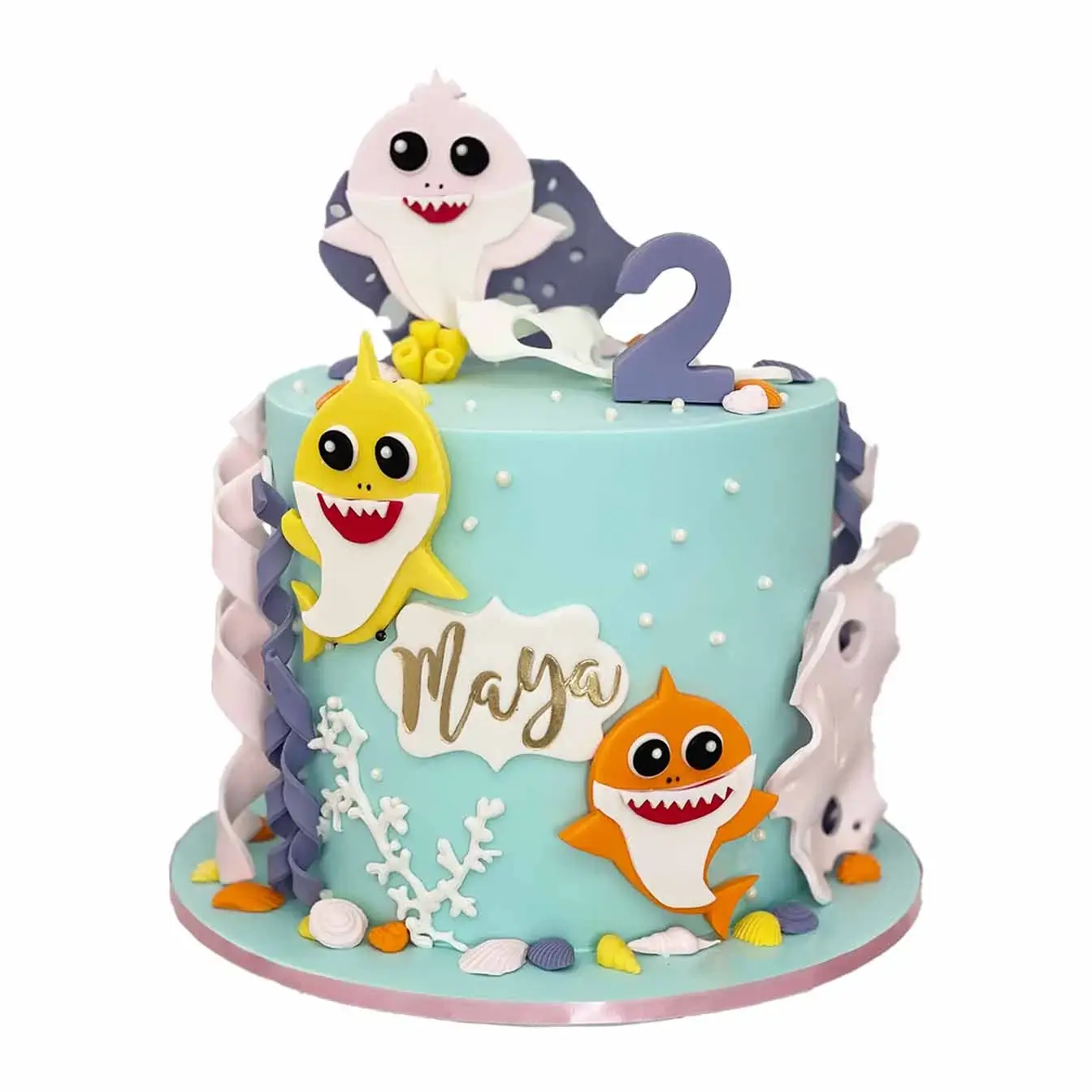 Baby Shark Underwater Adventure Cake - A teal fondant-iced cake with cutout baby sharks and under the sea fondant seaweed and shells, a vibrant and playful centerpiece for ocean-themed celebrations.
