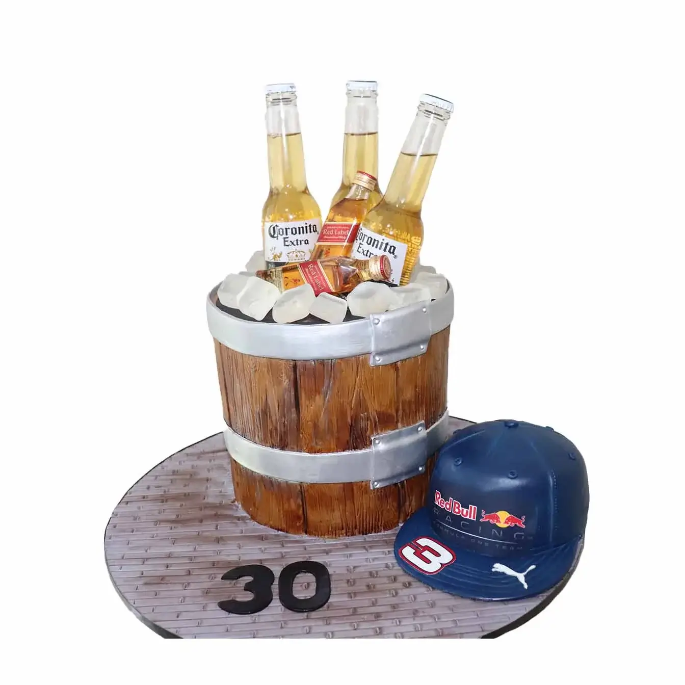Revved-Up Racing Fuel Cake - A beer barrel cake with isomalt ice cubes, scotch, and a personalized racing cap, a unique centerpiece for motorsport enthusiasts and racing fans.