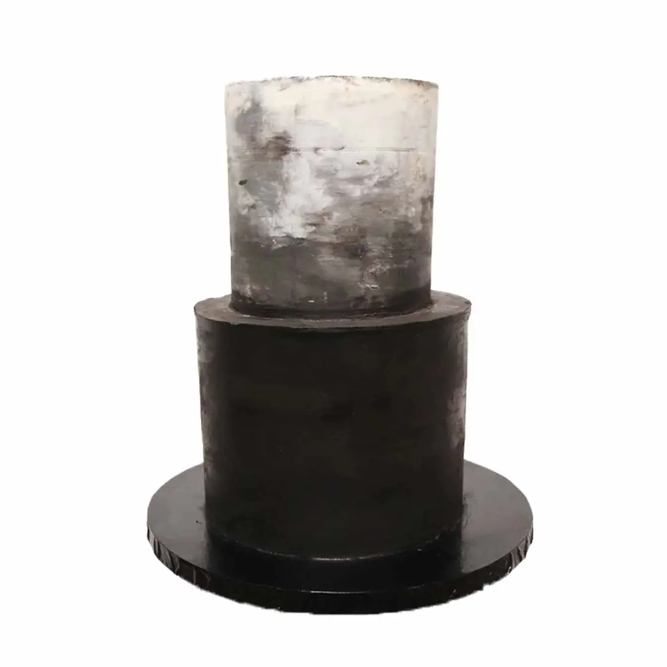 Monochrome Concrete Elegance Cake - A two-tier cake with a sleek black bottom tier and a top tier featuring a black and white concrete effect, a sophisticated centerpiece for upscale events and weddings.