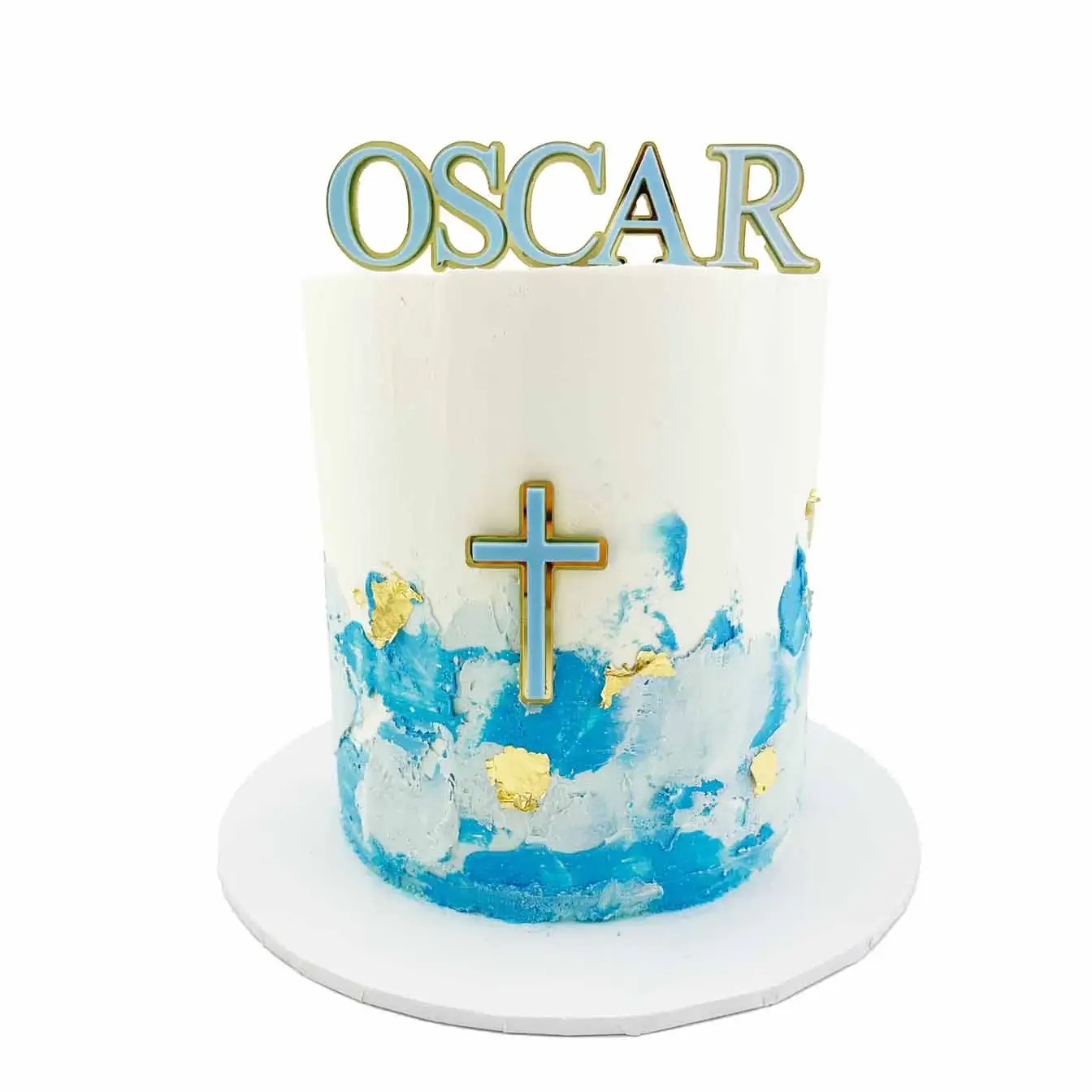 Blue Waters Baptism Cake - A white-iced cake with a touch of blue watercolor around the base and a personalized name topper, a beautiful centerpiece for a baptism filled with grace and blessings.