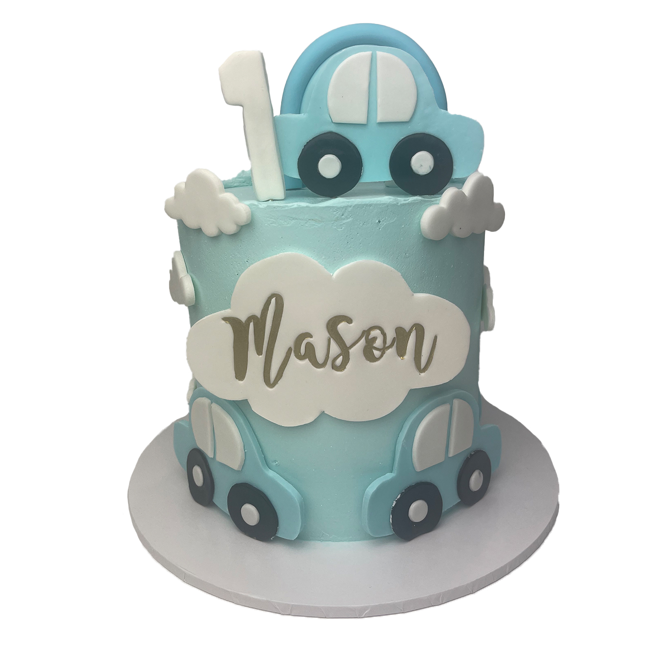 Bubble Car Adventure Cake - Double-height blue ganache cake with golden-embossed age and name, adorned with cutout bubble cars and a mini molded rainbow, a delightful choice for a baby celebration.