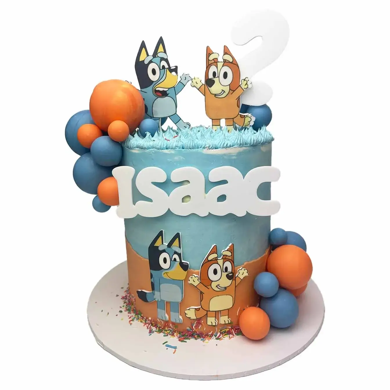 Bluey and Bingo Playtime Cake - A cake with blue and orange icing, edible images of Bluey and Bingo, a custom name topper, dipped chocolate spheres, blue piping, and sprinkles, a vibrant and playful centerpiece for fans of these animated characters.