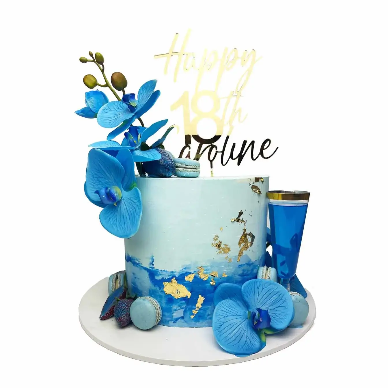 Blue Aloha Bliss Cake - A tropical-themed cake with blue orchids and a delightful surprise of a blue jelly cocktail, a perfect centerpiece for events filled with the spirit of aloha.