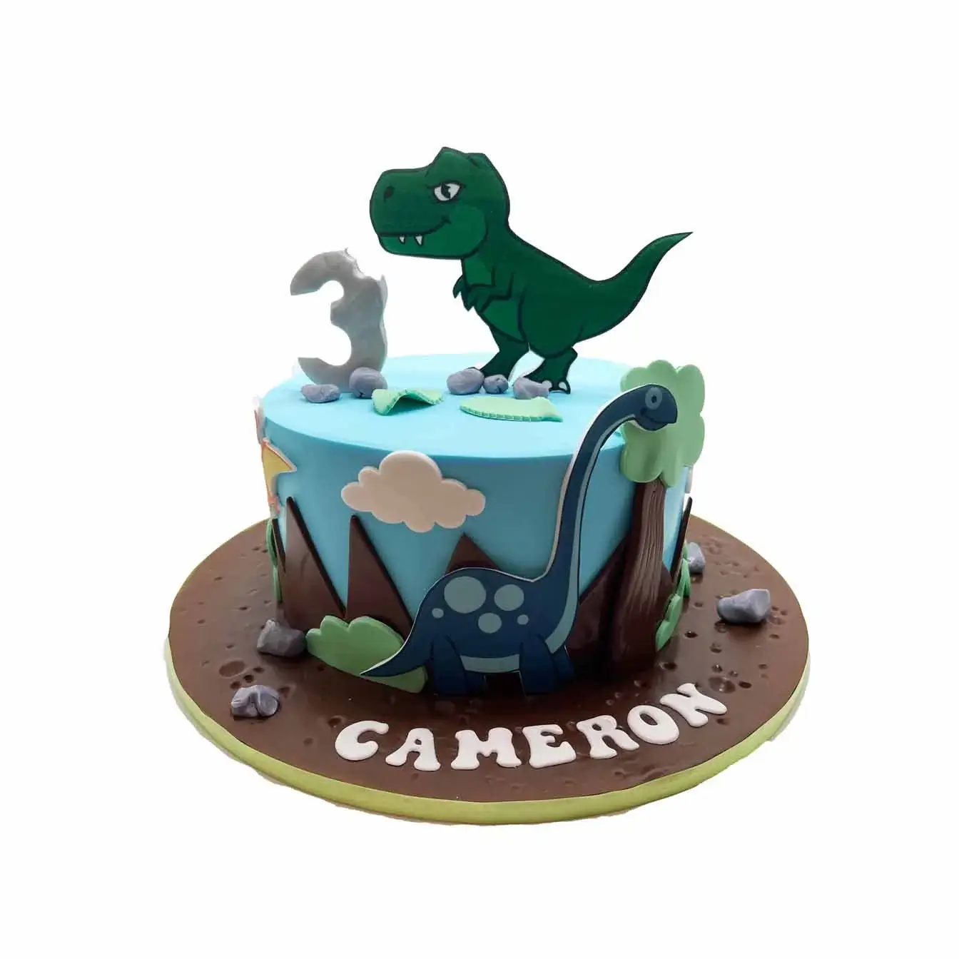 Dino Adventure Edible Image Cake - A cake with a captivating edible image design featuring realistic and vibrant dinosaurs, a delightful centerpiece for dinosaur-themed celebrations.