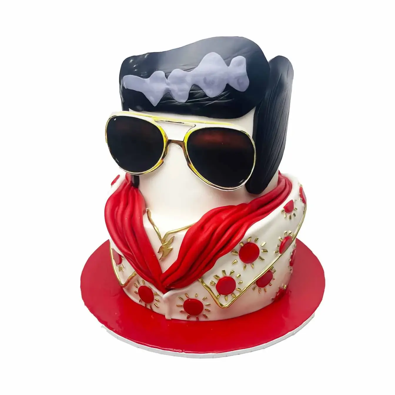 Elvis Tribute Extravaganza Cake - A 2-tier cake featuring Elvis's signature glasses, hairstyle, and a jumpsuit-adorned base tier, a show-stopping centerpiece for celebrations filled with the spirit of the King of Rock 'n' Roll.