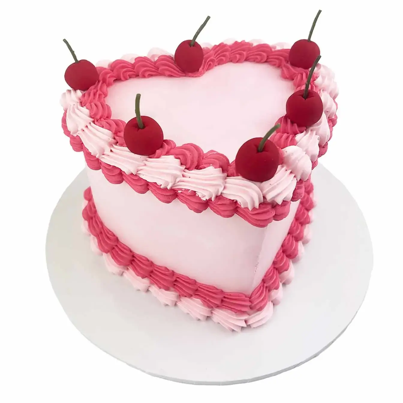Pretty in Pink Cherry Heart Cake - A pink cake with a heart design created through delicate piping and adorned with molded cherries, a sweet and charming centerpiece perfect for celebrating love and special moments.