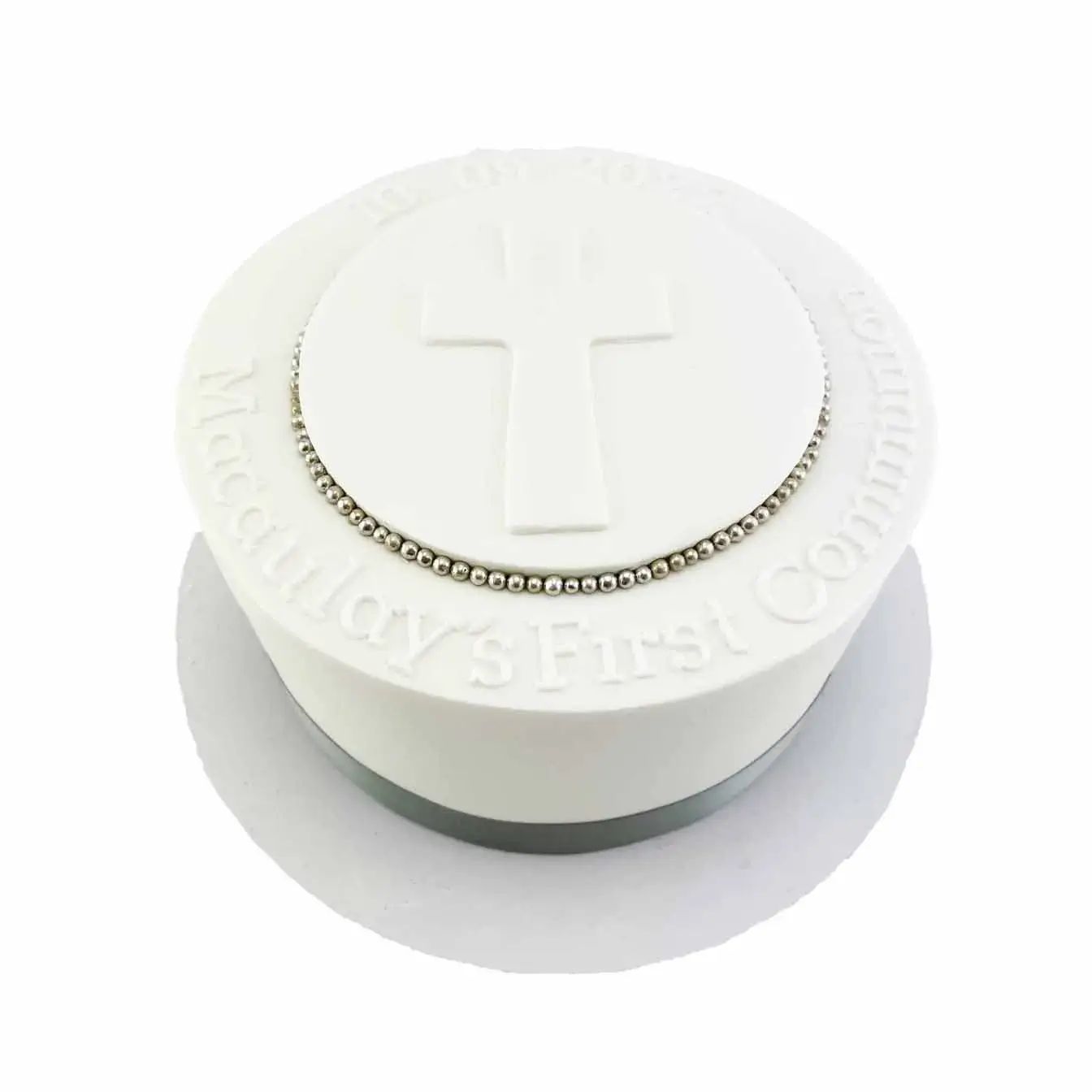 Divine Communion Celebration Cake - A cake with a white cross on top and personalized with name and date, a reverent centerpiece for First Holy Communion and other spiritual milestones.