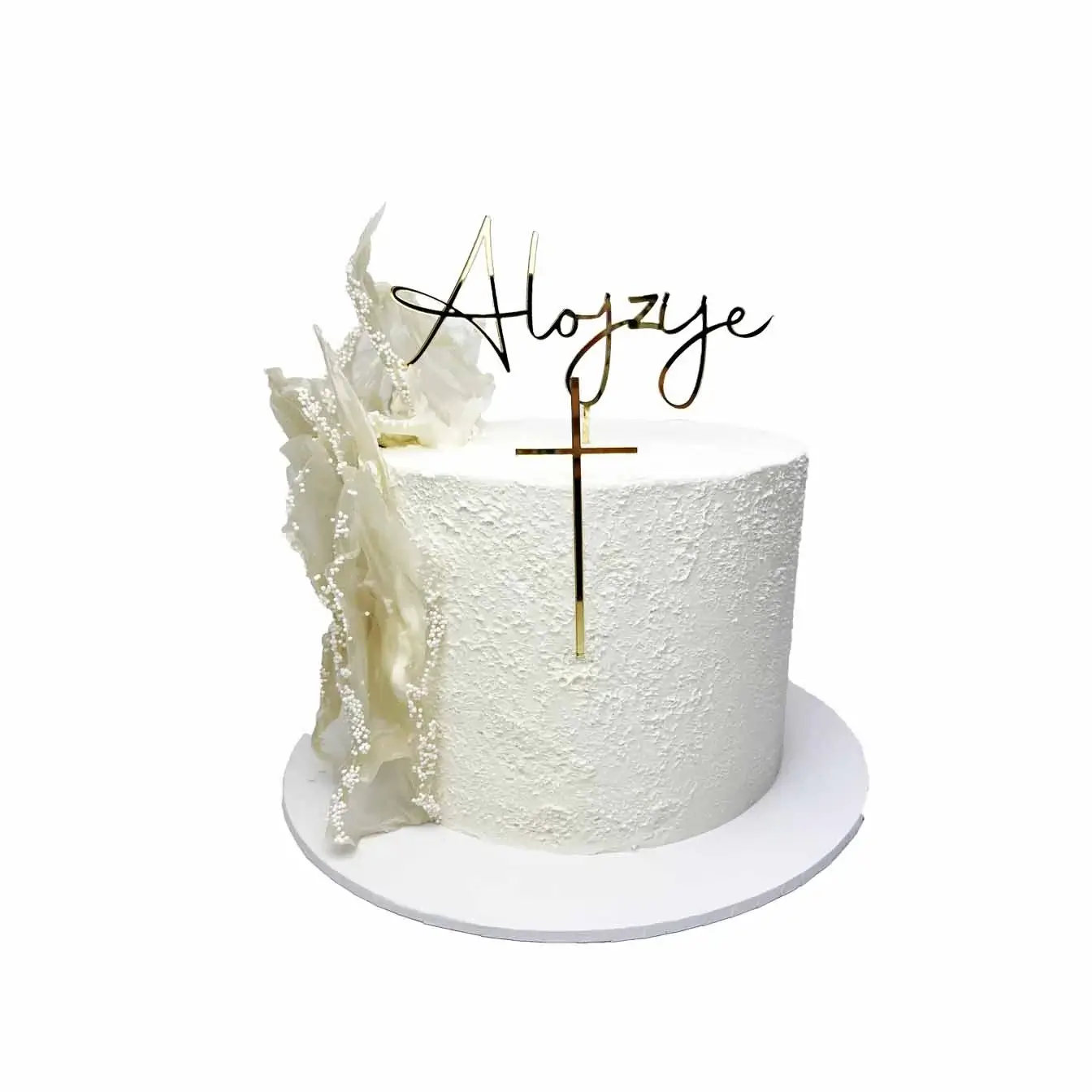 Pure Blessings Baptism Cake - A white textured cake with rice paper sails, a custom cross, and a personalized topper, a divine centerpiece for baptism celebrations and spiritual milestones.