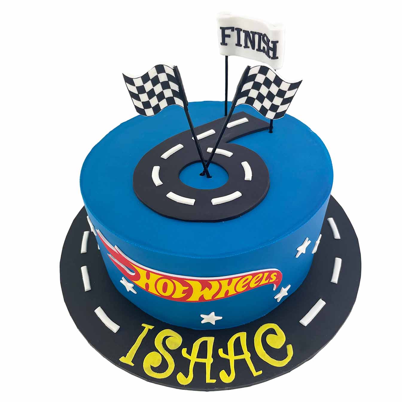 Hot Wheels Speedway Cake - A blue fondant iced cake with an age-themed road track, Hot Wheels logo, and finish line flags, a thrilling centrepiece for racing enthusiasts and birthday parties.