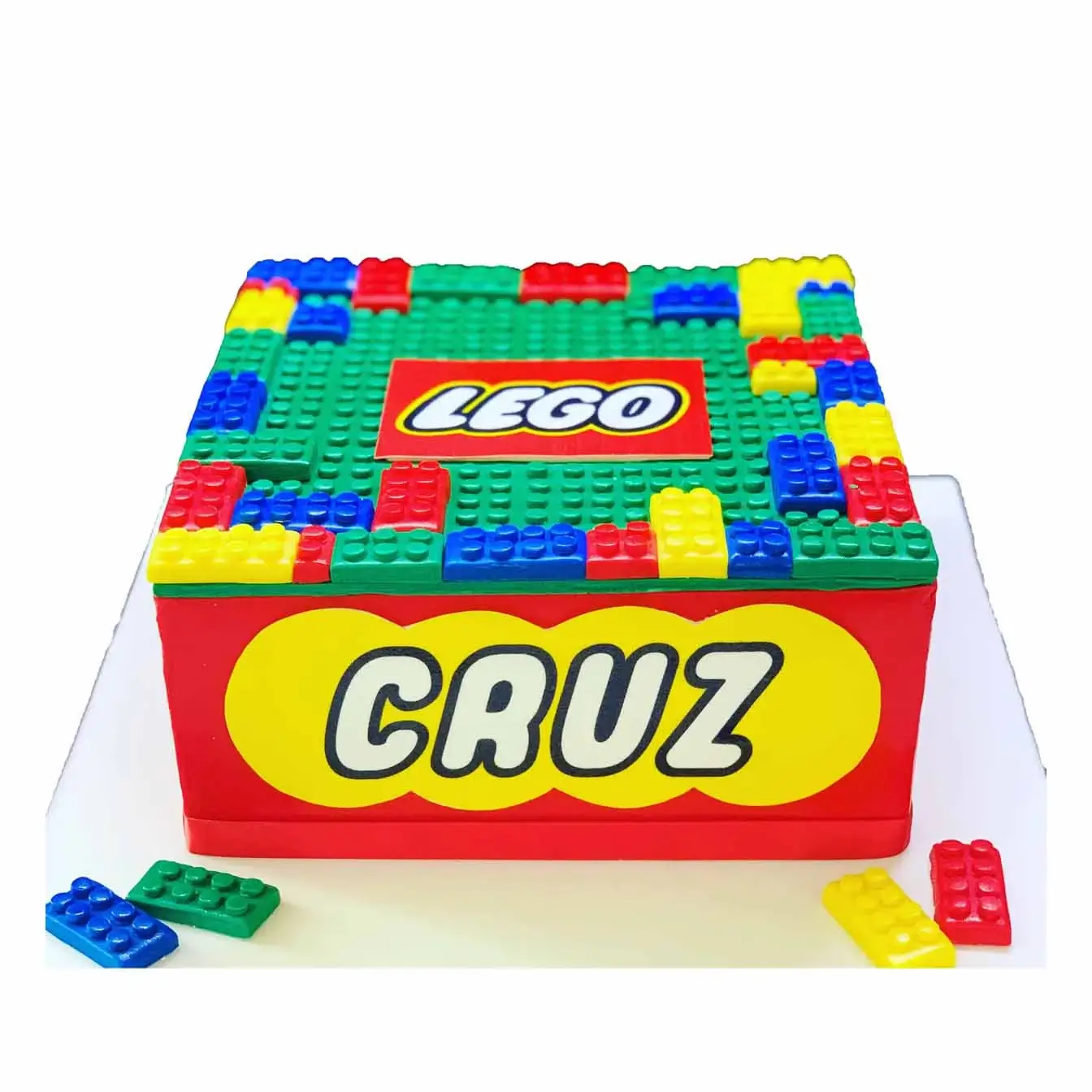 Lego Adventure Name Cake - A cake with a Lego board theme and the child's name in Lego font, a whimsical centerpiece for birthdays and celebrations filled with creativity.