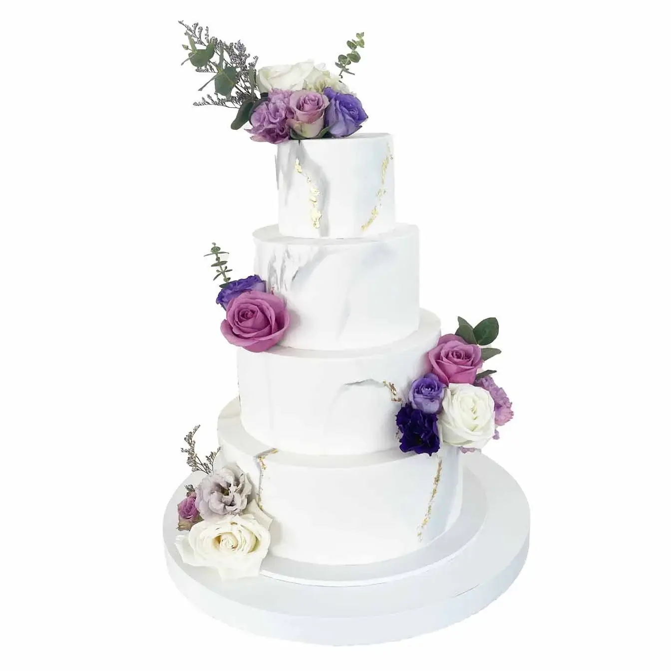 Floral Marble Symphony Wedding Cake - A four-tier cake with white and grey marble patterns, adorned with fresh flowers in your choice of color, a contemporary and personalized centerpiece for weddings filled with refined beauty and enduring love.