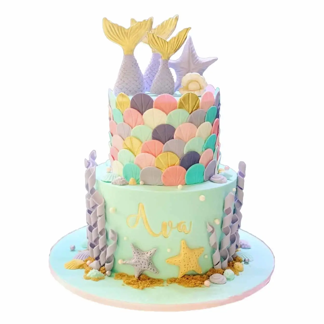 Mermaid cake with blue and purple ombre layers, topped with edible seashells and pearls