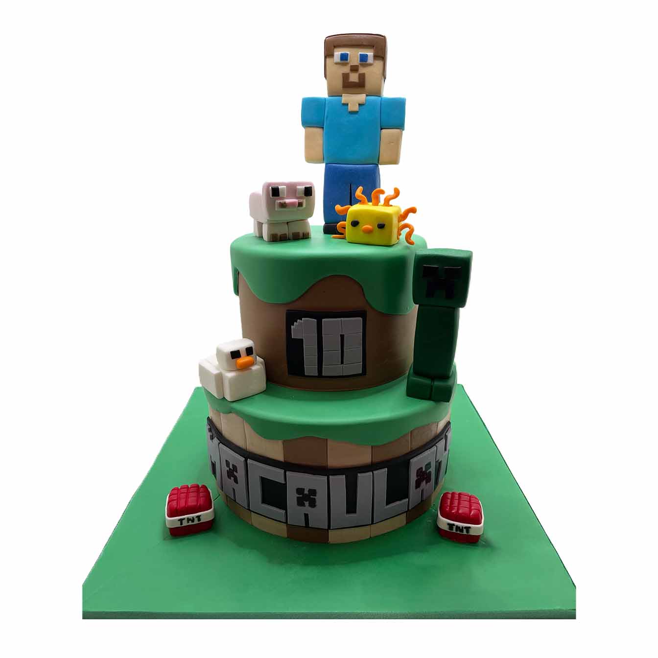 Minecraft Block Party Cake - A 2-tier cake with moulded Minecraft characters, Steve, pig, yellow duck, goose, creeper, TNT bombs, and a bottom tier inspired by Minecraft square blocks, a captivating centrepiece for gamers and Minecraft enthusiasts.