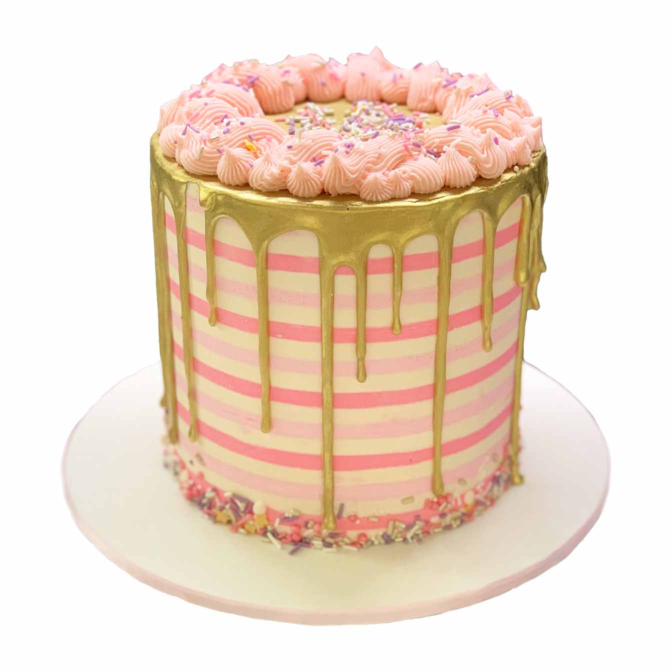Pink and Gold Celebration Cake - A charming pink and white striped cake with a luxurious gold drip, sprinkles, and pink piping, a perfect centrepiece for chic and celebratory occasions.