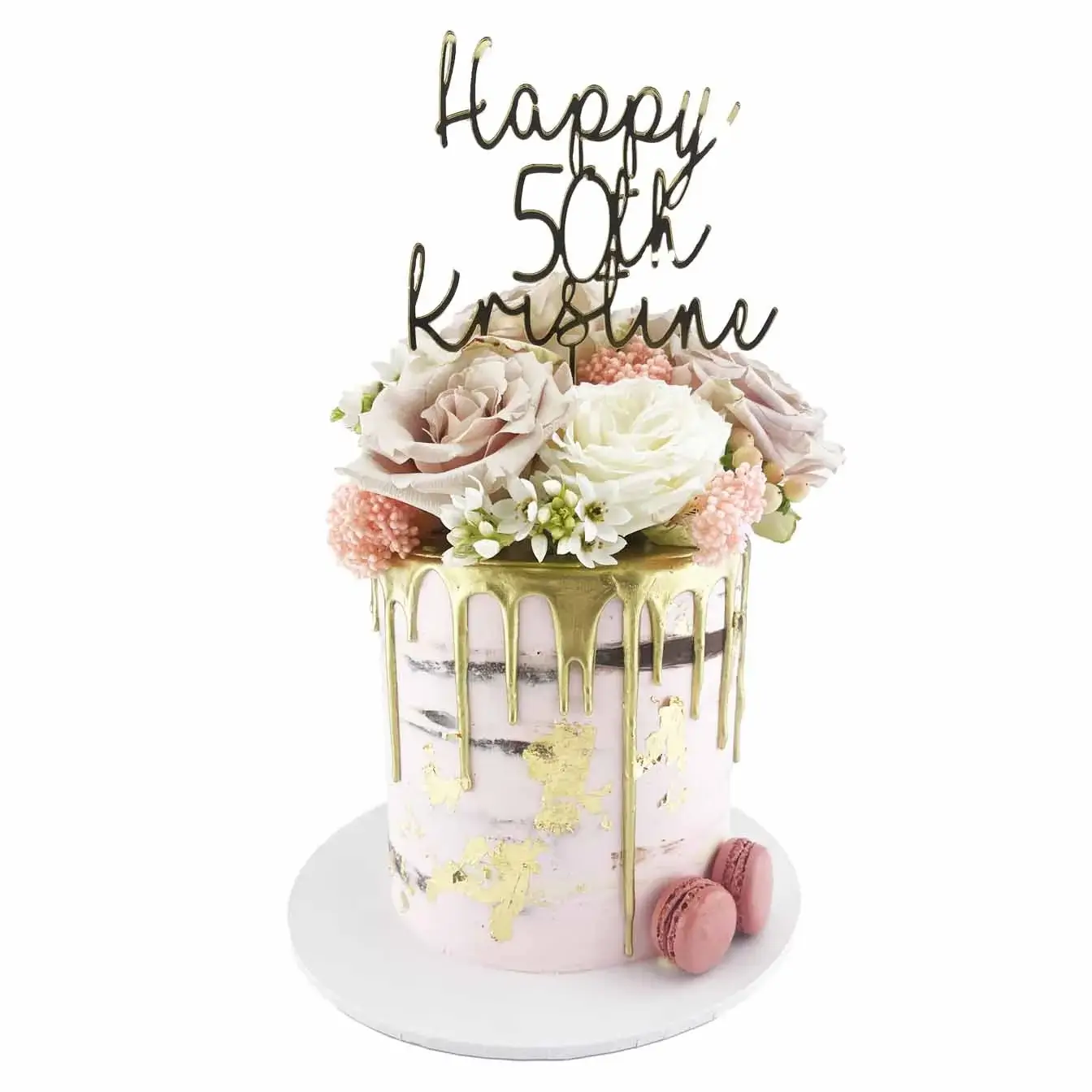 Pink Drip Cake with Pink Semi-Naked Design, Gold Leafing, Drip, Flowers, and Personalised Topper