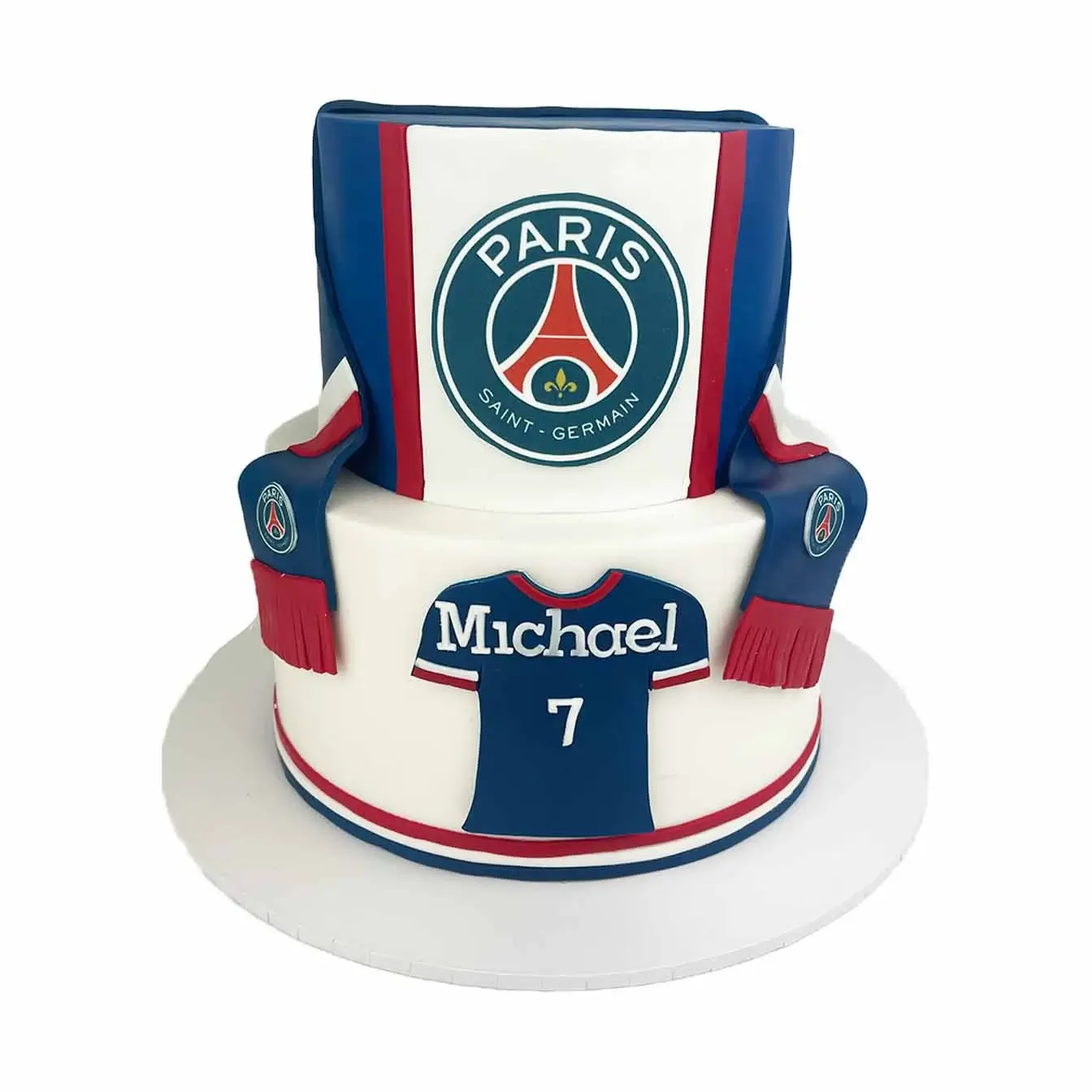 Soccer Team Cake - A 2-tier cake with a soccer jersey on the front and a scarf on the top tier, a perfect centerpiece for soccer enthusiasts and festive gatherings.