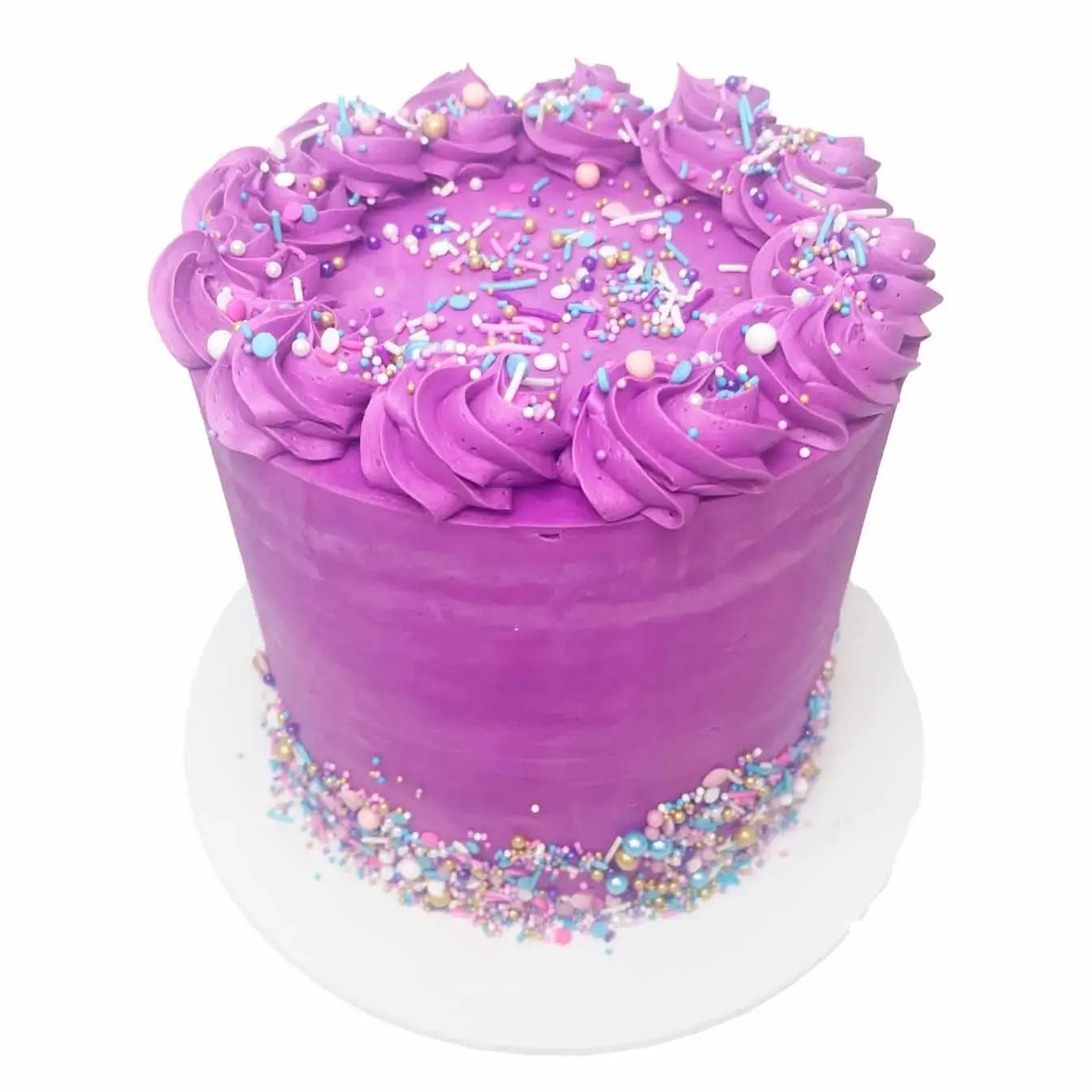 Purple Elegance Celebration Cake - A purple cake with intricate purple piping and sprinkles, a charming and vibrant centerpiece for birthdays, anniversaries, and celebrations with a touch of royal sophistication.