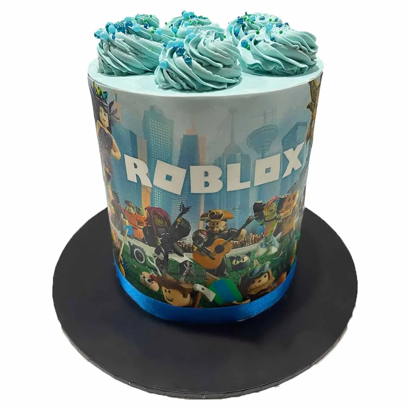 Blue Roblox Party Cake with Edible Characters and Matching Swirls