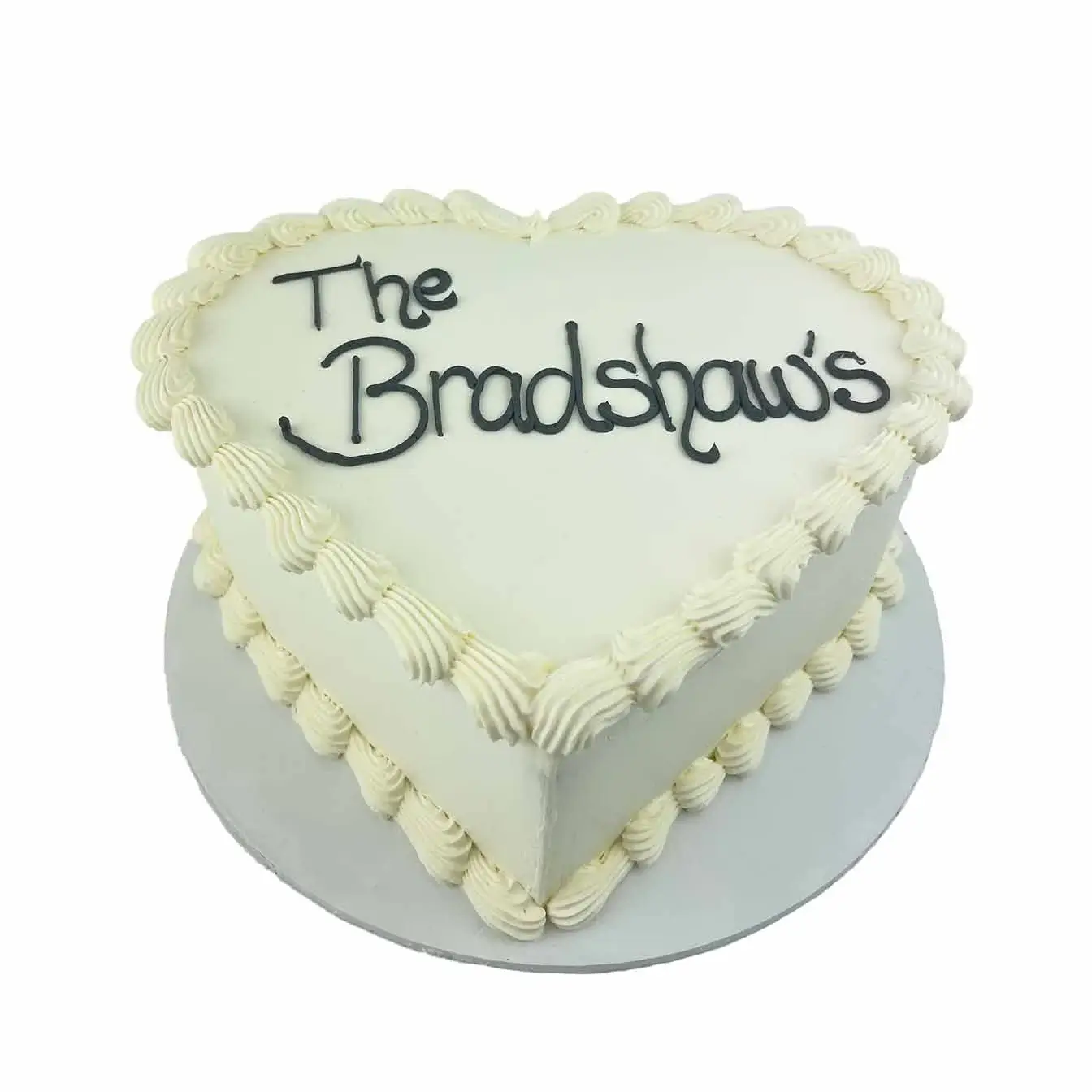Rustic Heart Wedding Bliss Cake - Classic white icing with intricate white piping and rustic heart motif, personalized with custom writing, a timeless choice for a romantic wedding celebration.
