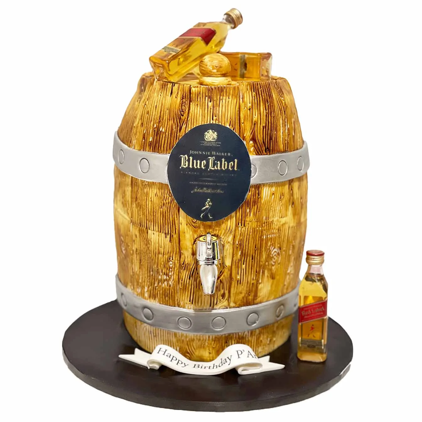 Whiskey Barrel Tap Cake - A stunning cake shaped like a rustic whiskey barrel, featuring a working tap that allows you to select your favorite whiskey or spirit, an extraordinary centerpiece for an unforgettable celebration.
