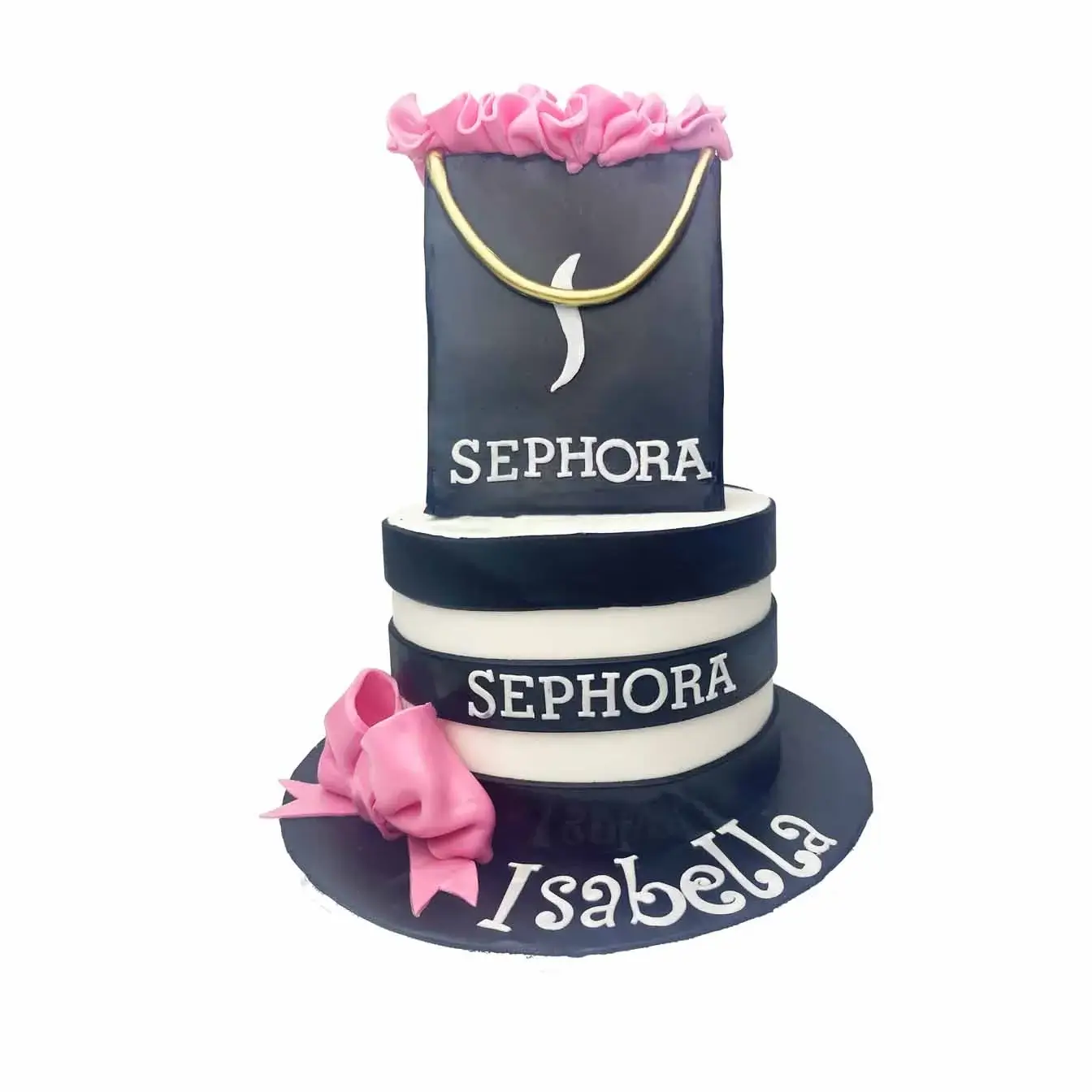 Chic Sephora Gift Bag Cake - A single-tier white fondant cake with black horizontal lines and a meticulously crafted Sephora gift bag topper, a stylish centerpiece for makeup enthusiasts and fashion-forward celebrations.