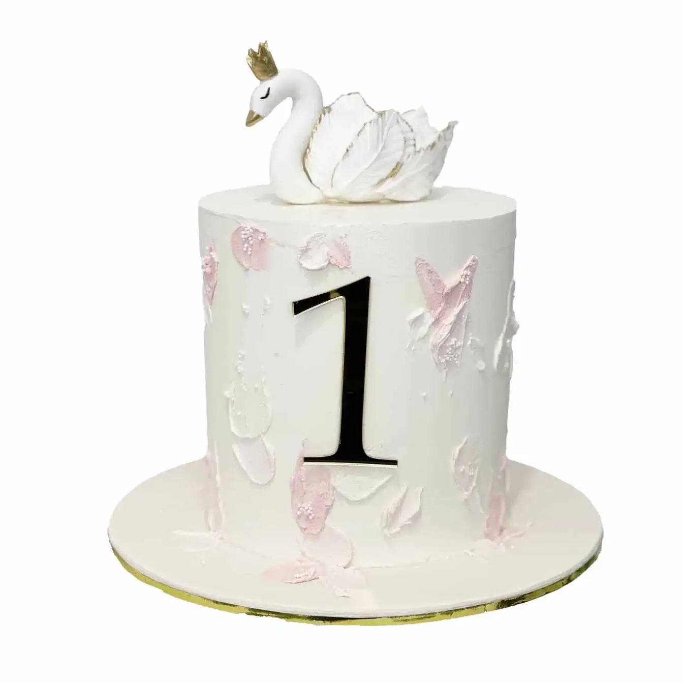 Swan Lake Elegance Cake - A two-tier cake with white and pink watercolor design and a hand-molded swan on top, a stunning centerpiece for weddings and celebrations of elegance.