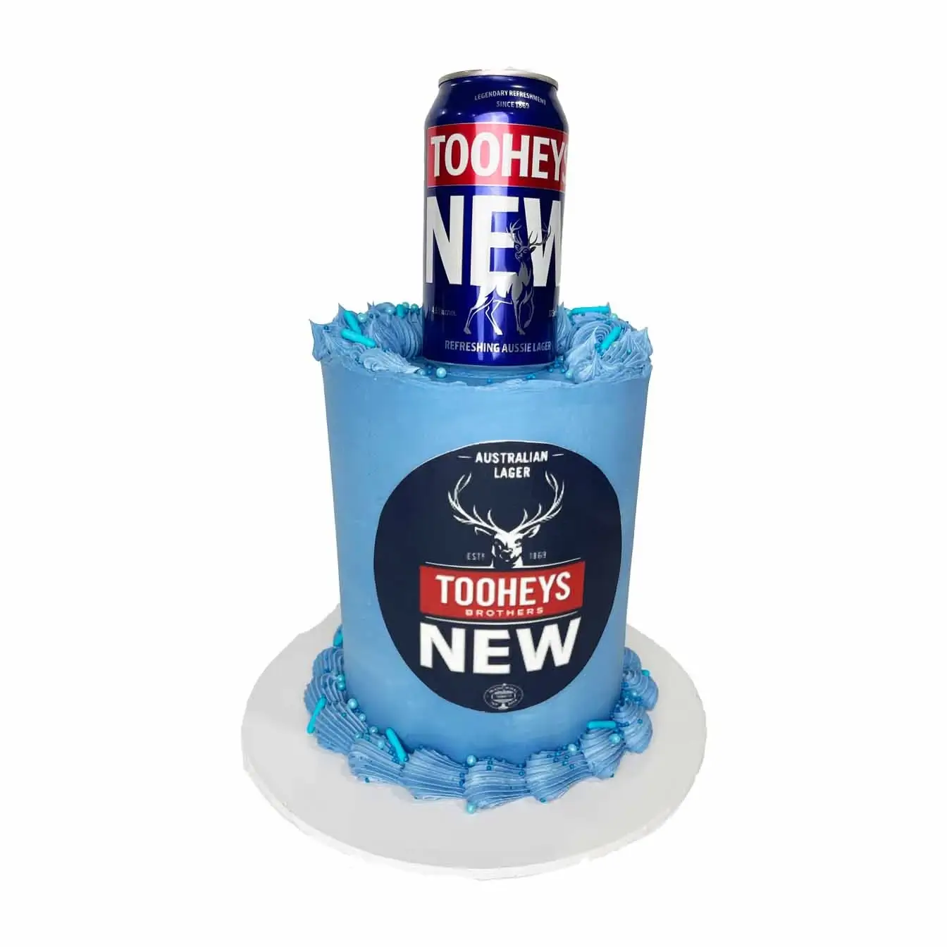 Brewmaster's Delight Cake - A beer-themed cake with beer can topper and matching colored icing, a flavorful centerpiece for beer enthusiasts and casual celebrations.