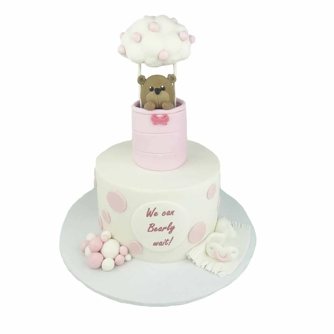 Bearly Wait Baby Shower Cake - Single tier white fondant cake with colorful polka dots, molded teddy bears in hot air balloons, perfect for celebrating the anticipation of a new arrival.