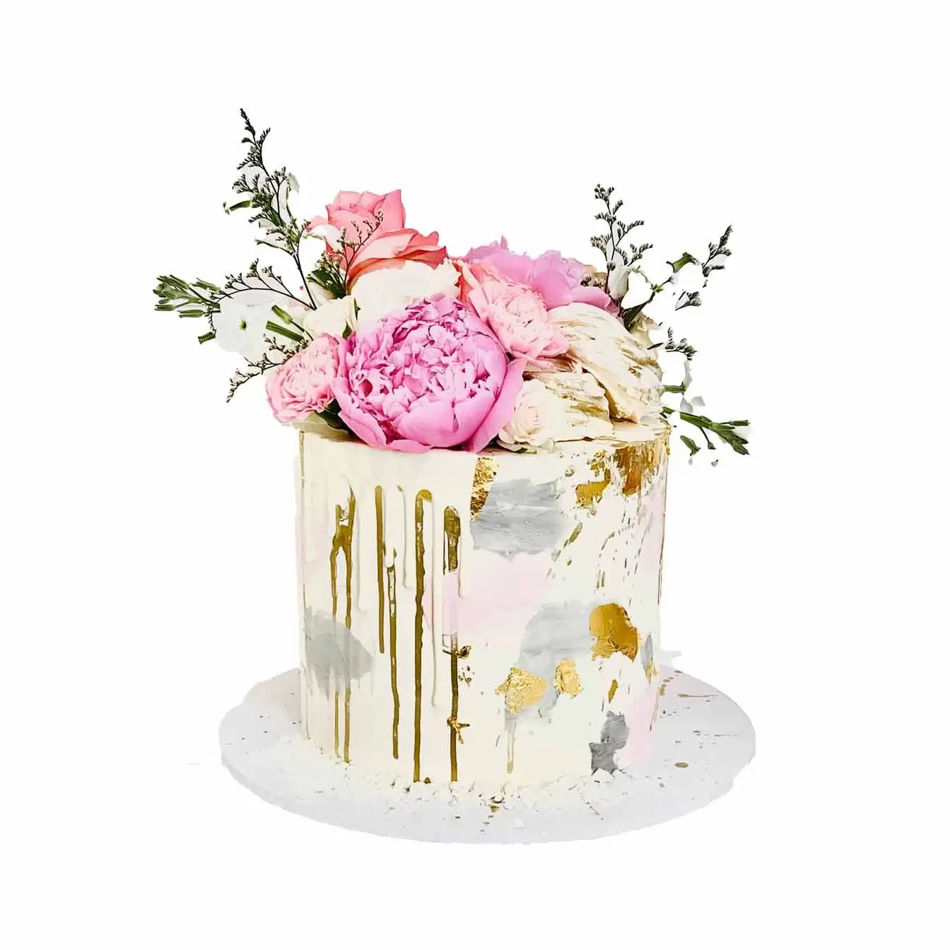 Blush Elegance Wedding Cake - A harmonious blend of pink, white, grey, and gold, adorned with a delicate white drip and fresh flowers, a timeless centerpiece for a romantic celebration.