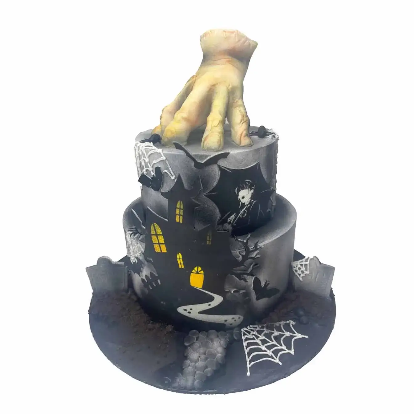 Wednesday's Spooky Mansion Cake - A two-tier cake with a molded hand, edible image haunted house, tombstones, and eerie details, a bewitching centerpiece for fans of the dark and mysterious.