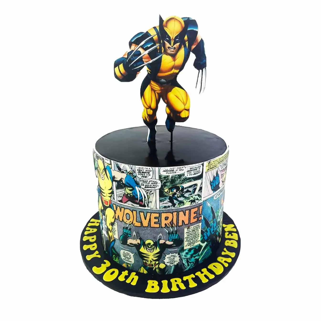  A close-up photo of a Wolverine cake inspired by the Marvel comic book character, featuring his signature claws, fierce expression, and muscular physique. The cake is hand-decorated with fondant and edible paint in a unique comic book-style design.