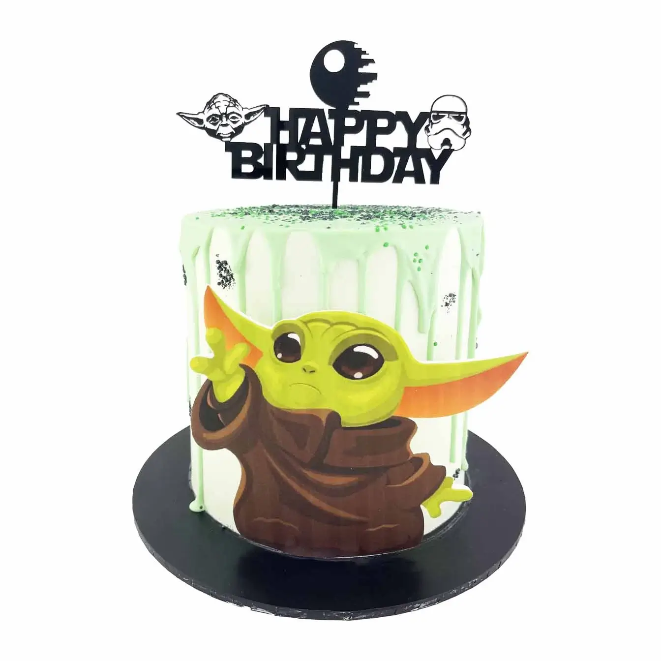 "Jedi Master Yoda Cake" - A green Star Wars-inspired cake with a personalised cake topper and an edible image of Yoda on the front. Perfect for any occasion!